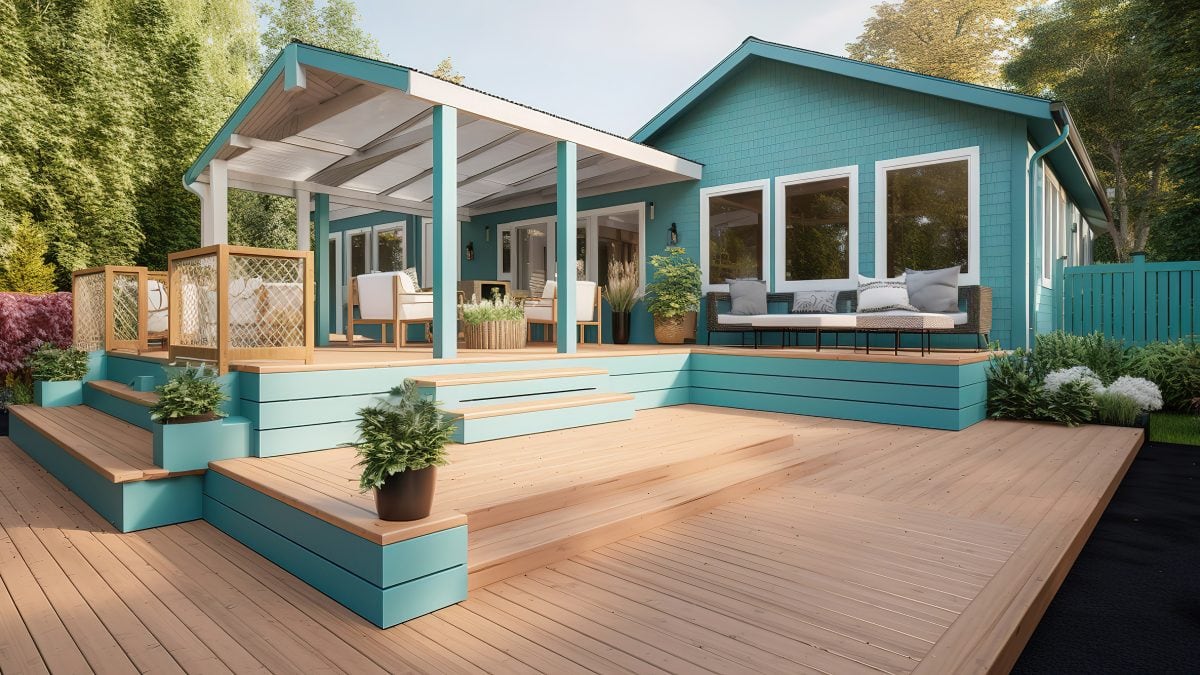 Freshly stained wood deck with a smooth, uniform solid color finish, showcasing clean lines, protected surfaces, and a well-maintained outdoor living space.