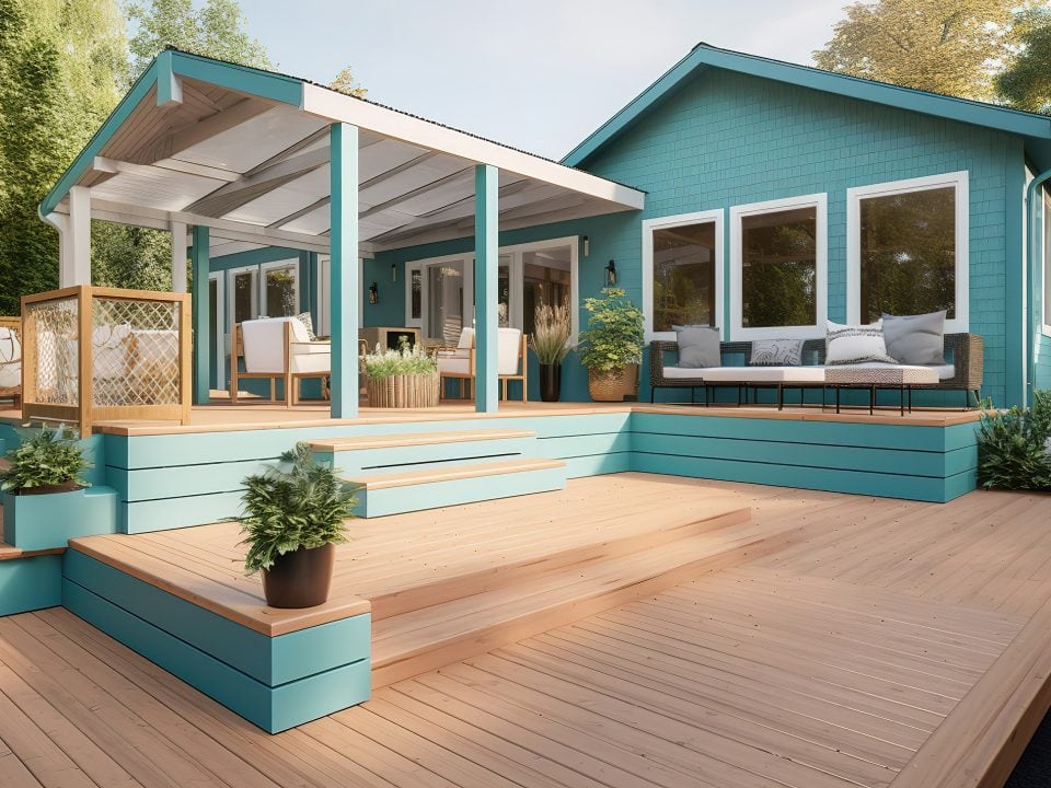 Freshly stained wood deck with a smooth, uniform solid color finish, showcasing clean lines, protected surfaces, and a well-maintained outdoor living space.