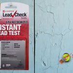Peeling paint on a home’s exterior alongside a lead test kit used by Matthews’ Painting Company to check for lead-based paint in older homes.