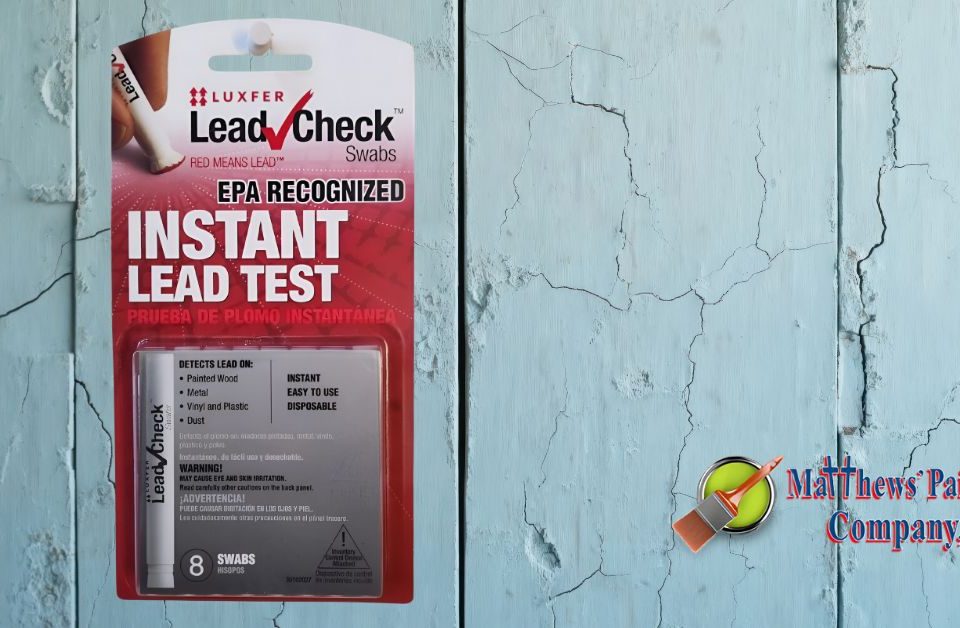 Peeling paint on a home’s exterior alongside a lead test kit used by Matthews’ Painting Company to check for lead-based paint in older homes.