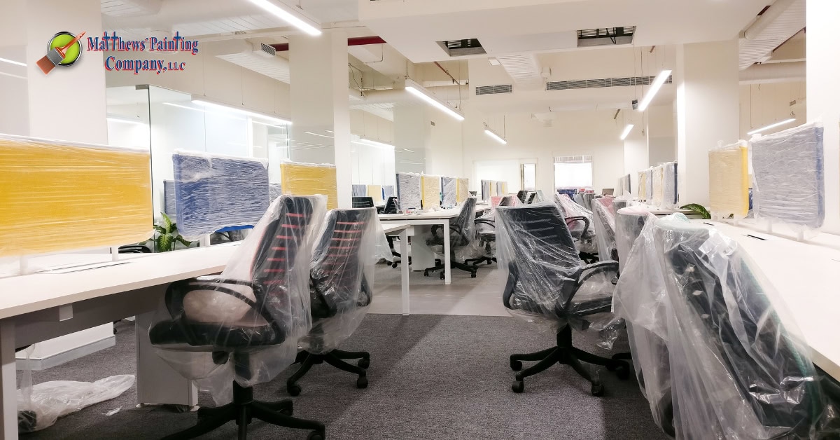 Freshly painted modern office interior in Northern Indiana, showcasing clean walls, professional finishes, and an inviting workplace atmosphere.