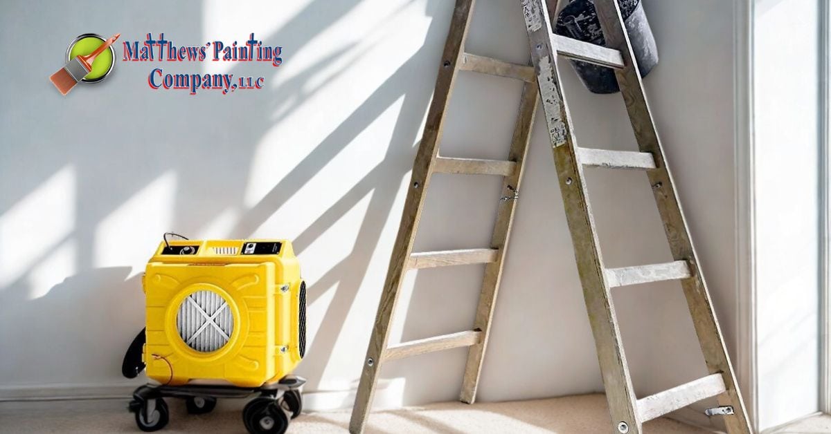 Ladder and yellow air scrubber equipment