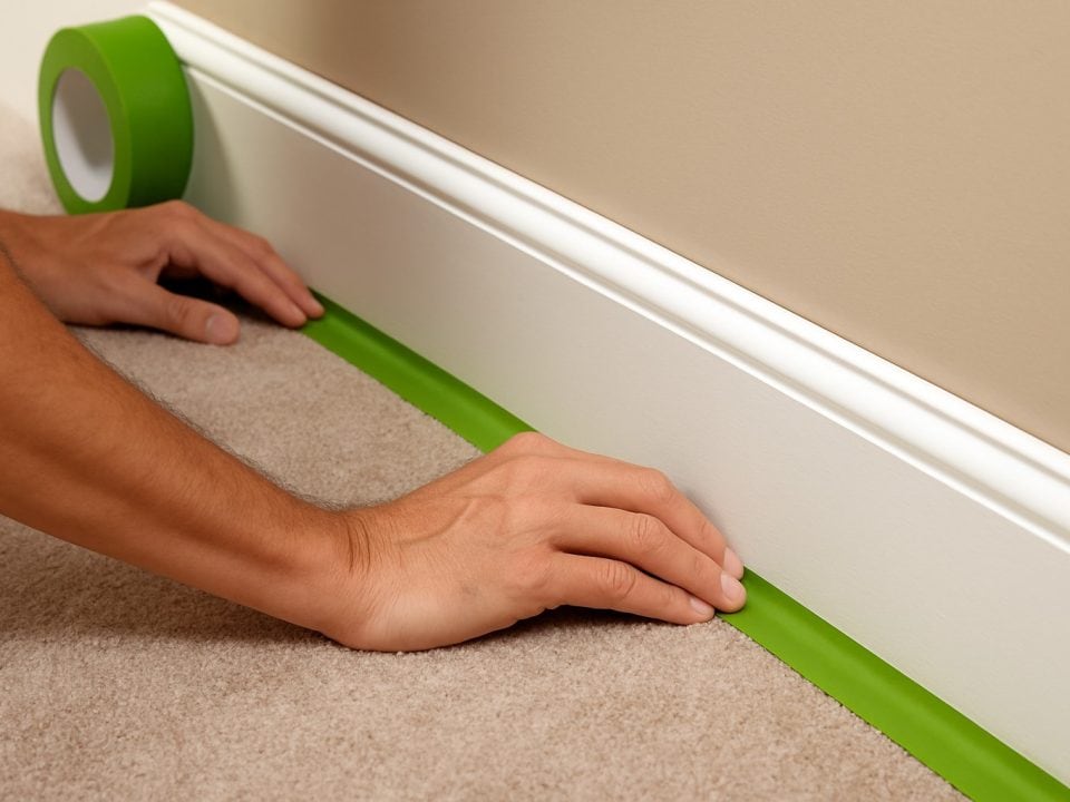 Applying green tape along baseboard to protect carpet. Matthews' Painting's professional painters expertly tape and protect your carpet.