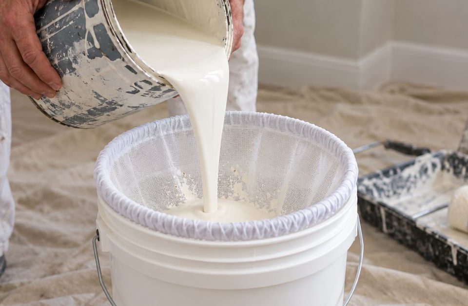 Painters strain paint through a mesh filter secured to a bucket before painting.