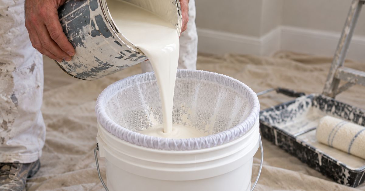 Painters strain paint through a mesh filter secured to a bucket before painting.