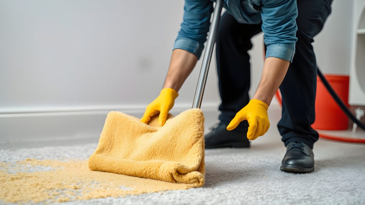 Removing dried paint from carpet using denatured alcohol and a clean rag.
