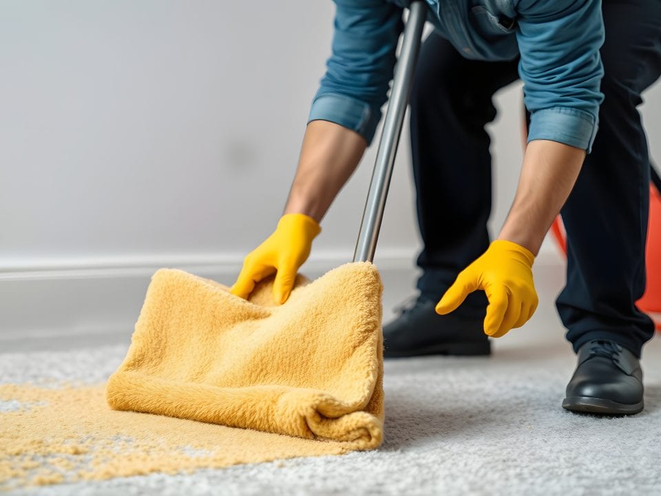 Removing dried paint from carpet using denatured alcohol and a clean rag.