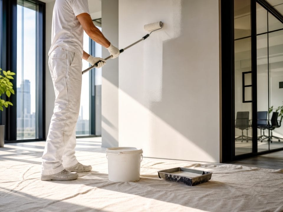 Office interior with freshly painted walls and trim, illustrating a commercial interior painting checklist for winter project planning.