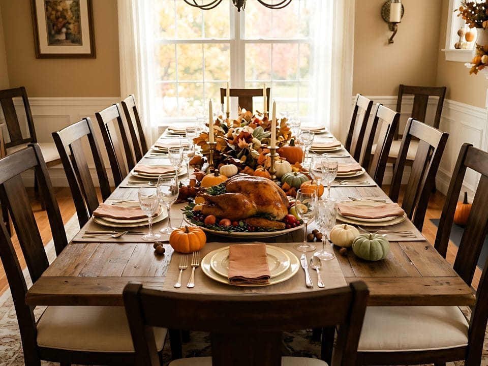 Dining table set for a holiday gathering in a welcoming home, ready for hosting family and friends. Interior Painting for Hosting Season.