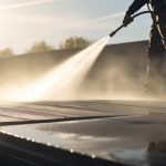 Worker pressure washing the exterior of a commercial building.