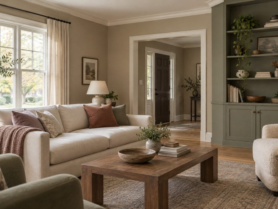 Warm khaki living room with cream-colored sofa, earthy accent pillows, wood coffee table, sage green built-in shelving and soft natural light streaming through large windows. 2026 Paint Color Trends